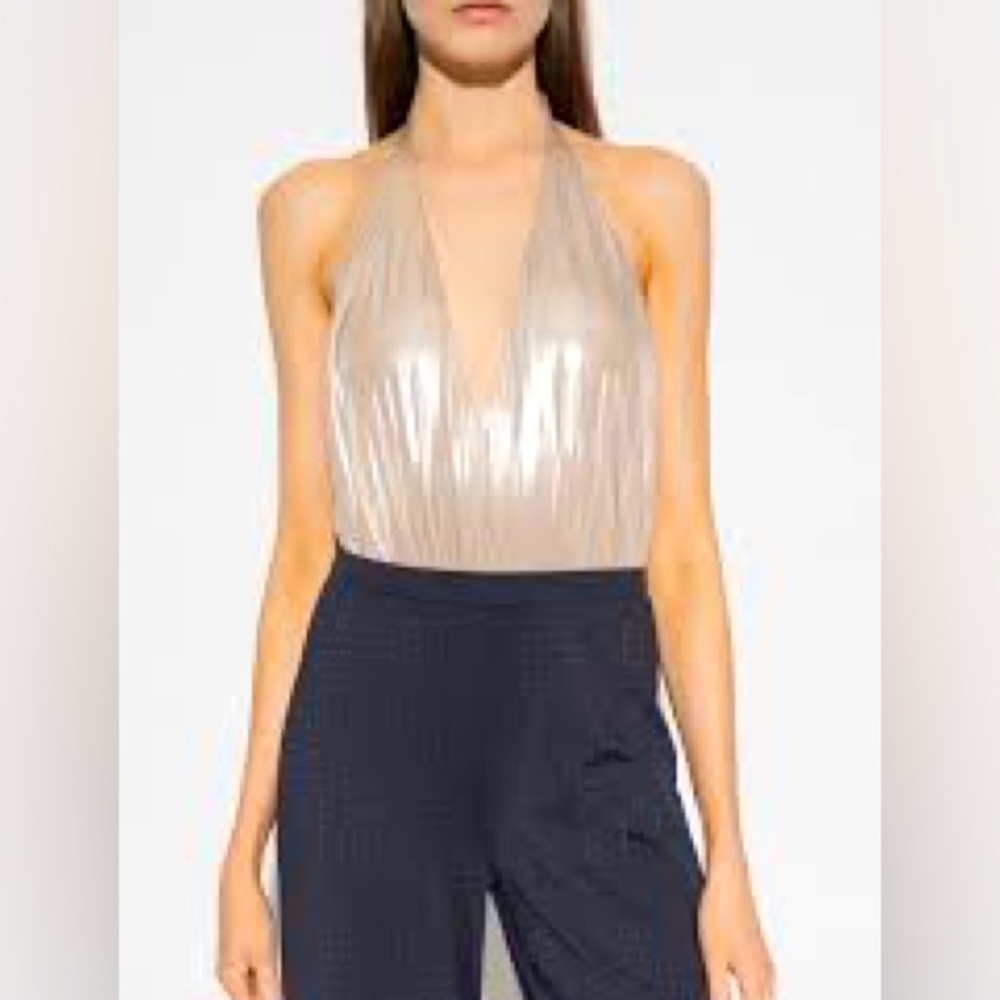 New AllSaints Dora Halter 6 / Sm Champagne Black Satin V-Neck Open Back Bodysuit